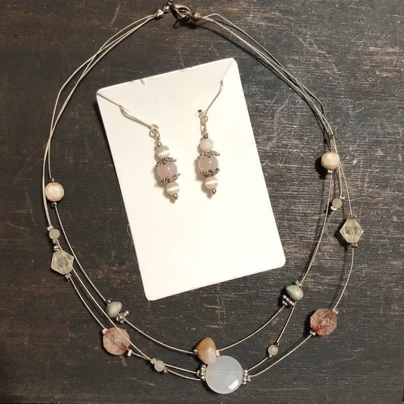 Beaded Layered Wire Necklace & Dangle Pierced Earrings Set - Picture 1 of 5